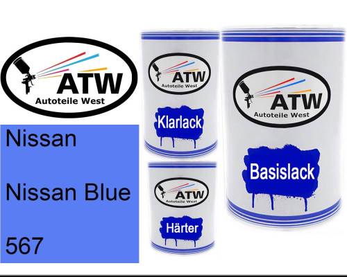 Nissan, Nissan Blue, 567: 500ml Lackdose + 500ml Klarlack + 250ml Härter - Set, von ATW Autoteile West.